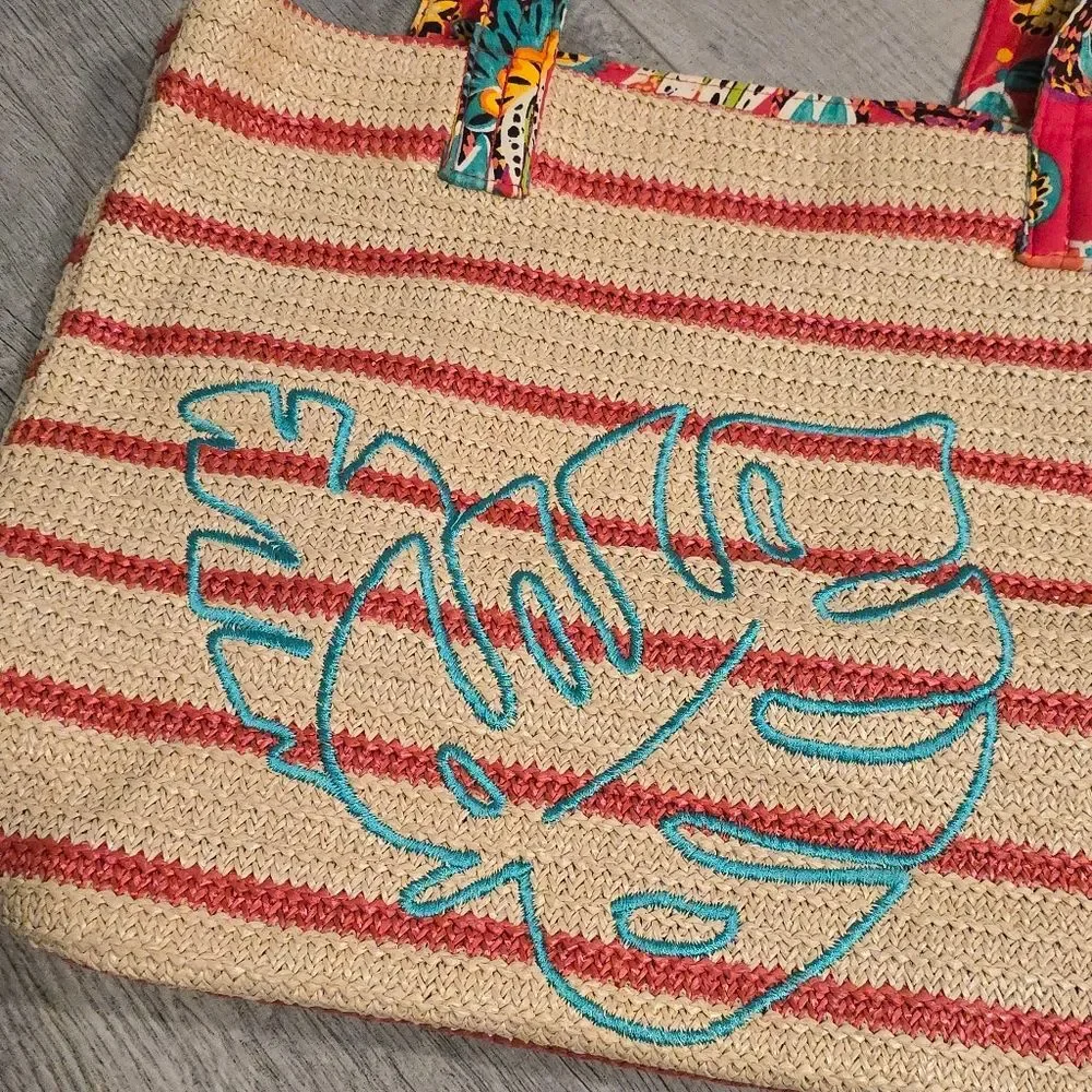 Vera Bradley Straw Bold Paisley Strap Stripe Leaf Embroidered Beach Bag Tote